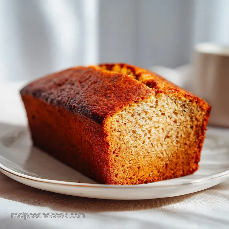 A thick slice of moist banana bread sits on a plate, its soft texture inviting a bite. A simple, comforting indulgence.