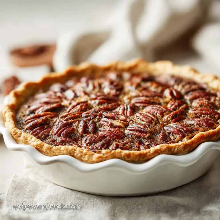 A perfect slice of pecan pie, its flaky crust and rich filling artfully presented on a white plate.