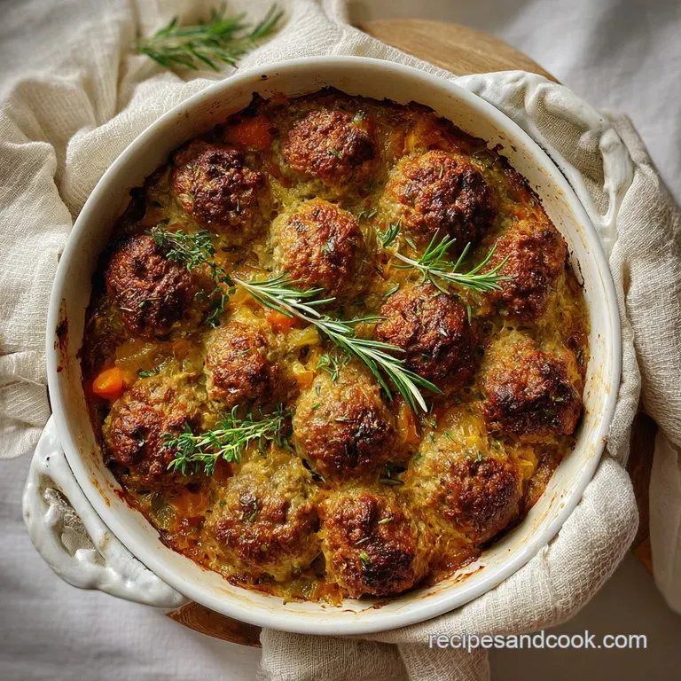 Plated meatball casserole: juicy meatballs, melted cheese, vibrant tomato sauce, and herbs on creamy mashed potatoes.