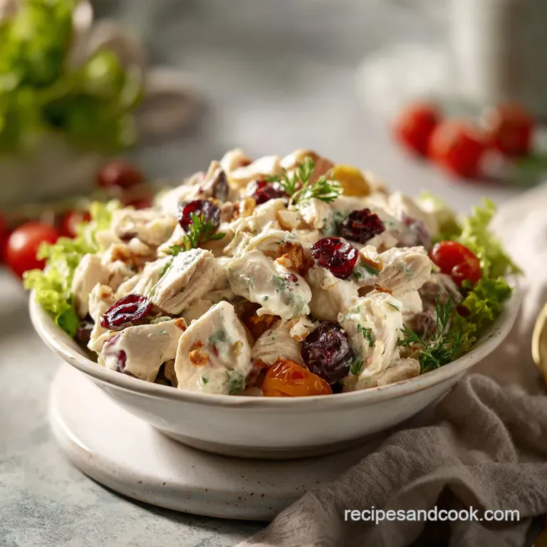 A neat scoop of creamy chicken salad nestled on crisp lettuce with cherry tomatoes and crusty bread.