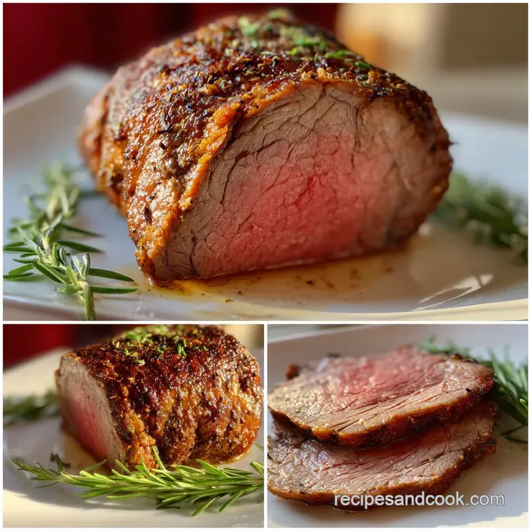 Sliced sirloin tip roast, juicy and pink inside, arranged on a plate with rosemary sprigs. Rich, savory deliciousness.