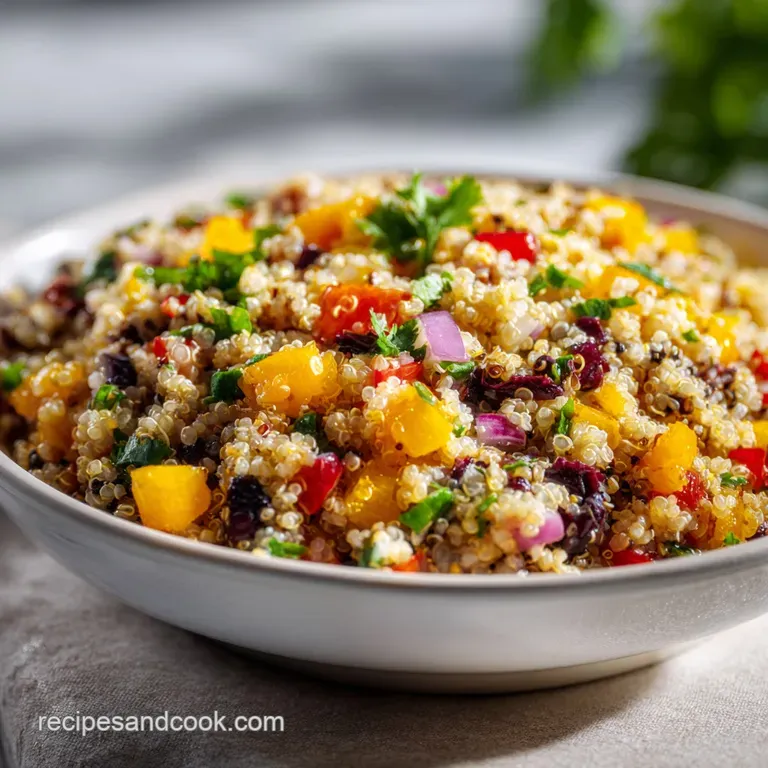 A serving of bright quinoa salad in a white bowl, with visible layers of fresh veggies and herbs, glistening in the light.