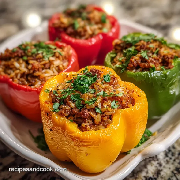 A bright red bell pepper, halved and stuffed, sits on a white plate. Glistening sauce coats the pepper; herbs garnish the ...
