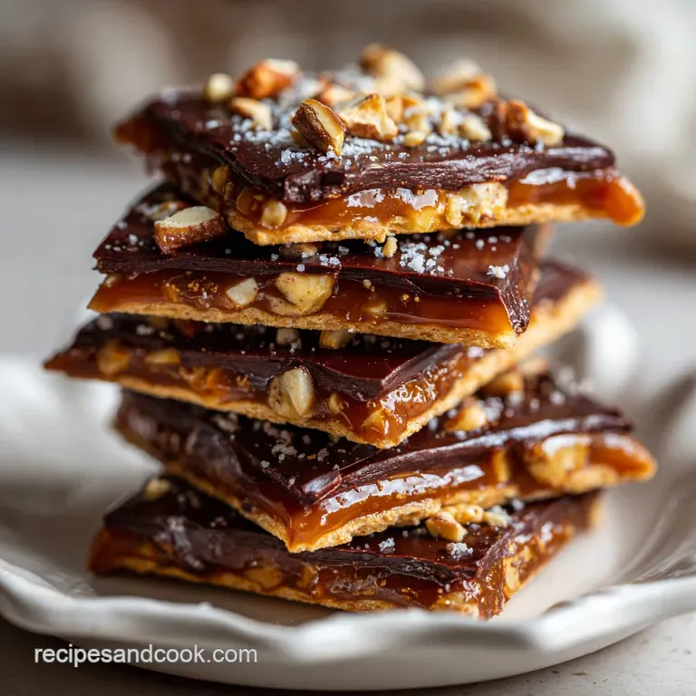 Stacks of shiny, brittle cracker candy with rich dark chocolate and festive sprinkles, presented on a clean white plate.