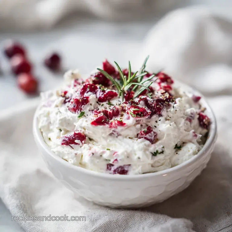 A dollop of vibrant cranberry cream cheese dip on a white plate with toasted baguette slices.