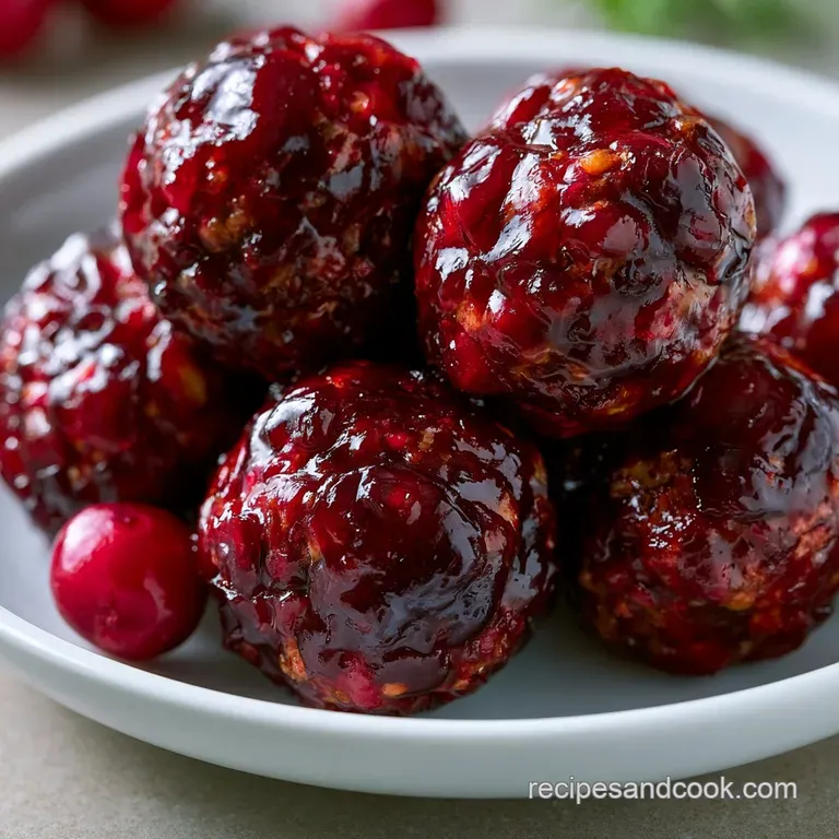 Glossy red glazed meatballs arranged on a white platter with fresh herbs and a side of toothpicks for guests.
