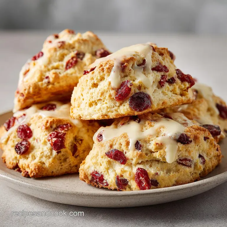 A trio of fluffy scones, artfully arranged with a dollop of whipped cream and fresh cranberry garnish.