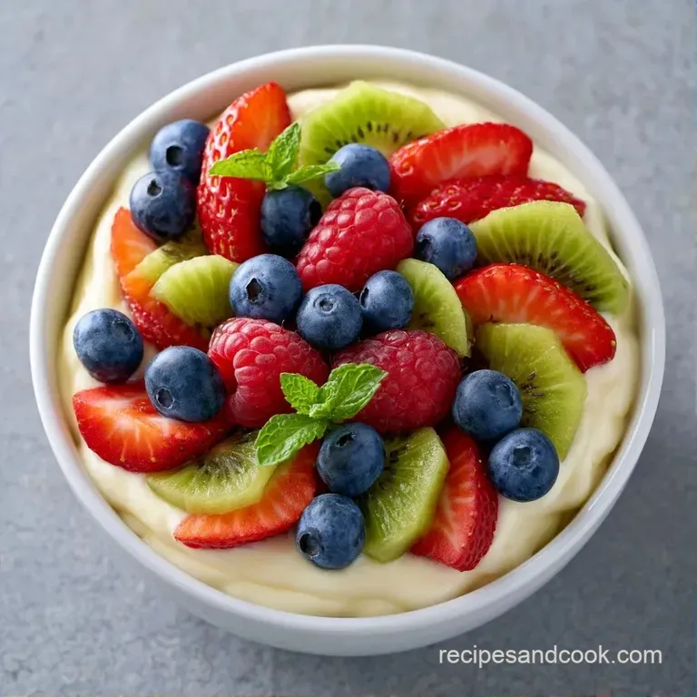 A white ceramic bowl of thick cream dip centered on a wooden board with vibrant berries and sliced kiwi.