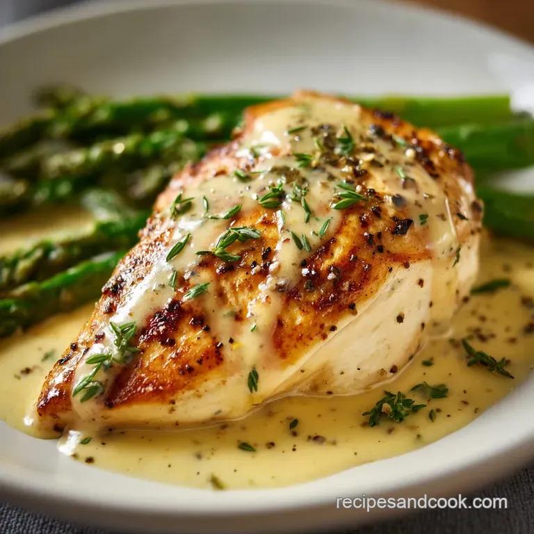 Elegant plate featuring tender chicken in a rich, white sauce, garnished with vibrant green herbs, alongside fluffy mashed...