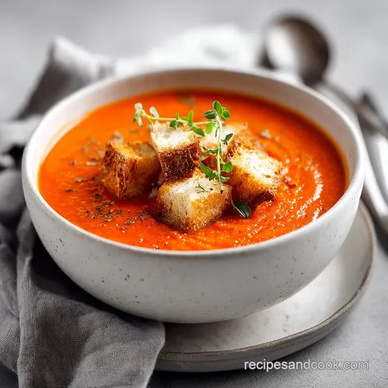 Elegant bowl of rich red soup, garnished with fresh herbs and a drizzle of cream, beside crusty bread for dipping.