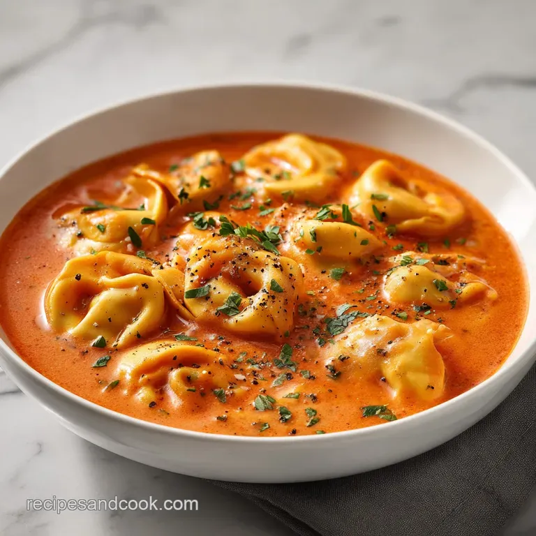 Creamy tomato tortellini soup in a rustic bowl, adorned with basil, grated parmesan, and a drizzle of olive oil; ready to ...