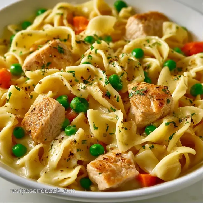 A neat scoop of creamy pasta and tender turkey garnished with fresh green parsley on a minimalist slate plate.
