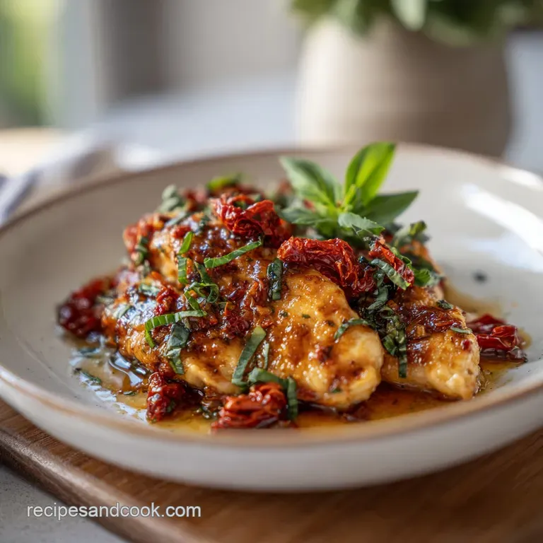Elegant plate of Tuscan chicken: creamy sauce glistening over tender chicken, garnished with fresh basil, served over a be...