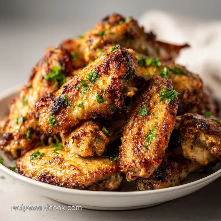 Crisp, golden wings arranged on a white plate with lemon wedges and fresh parsley. Creamy garlic parmesan sauce.