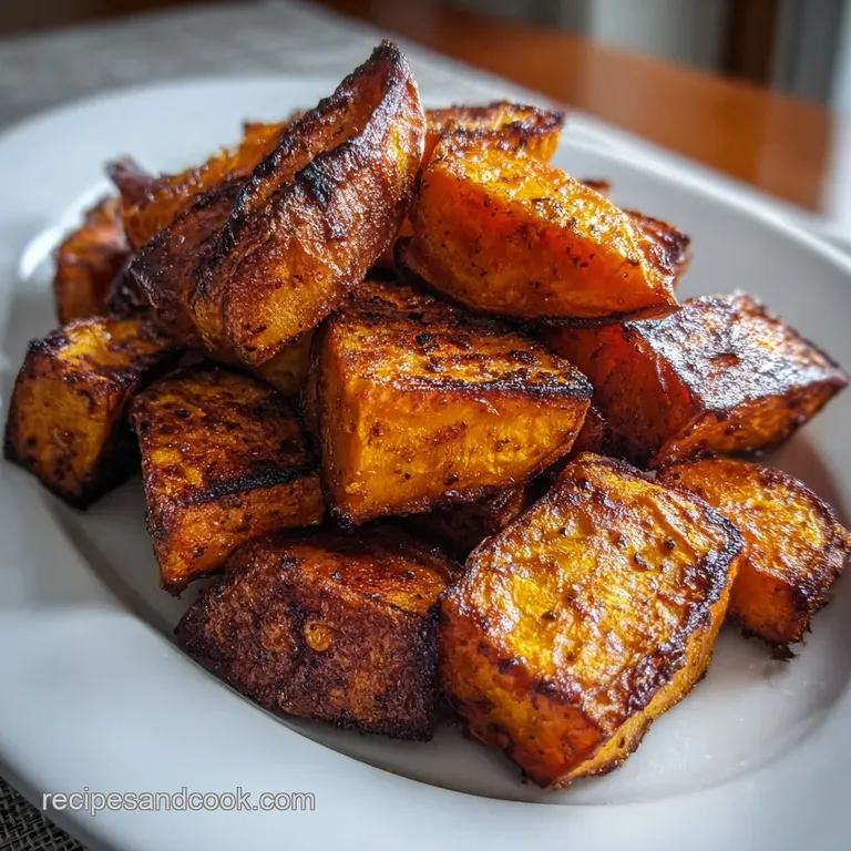 Glossy roasted sweet potato chunks piled high on a white plate, steam rising to meet a sprig of fresh thyme. Earthy and in...