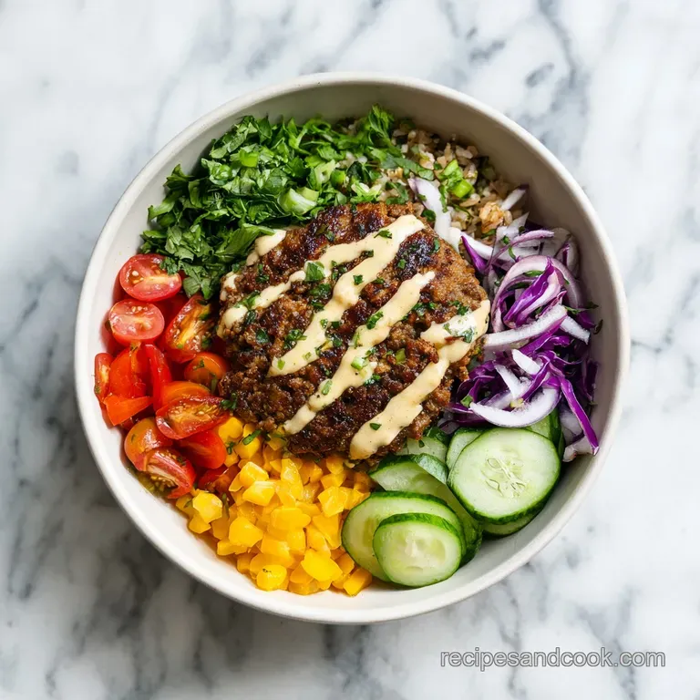 A colorful bowl overflowing with seasoned beef, fresh lettuce, tomato, and a drizzle of sauce.