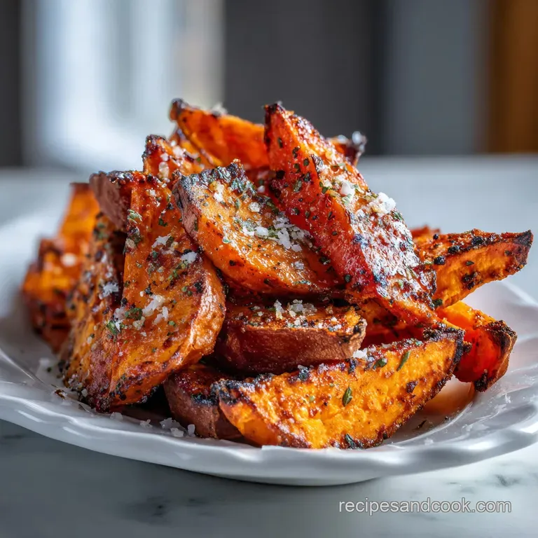 Crisp sweet potatoes arranged artfully. Notice the variation in size and the herbs scattered atop, some browned, some stil...