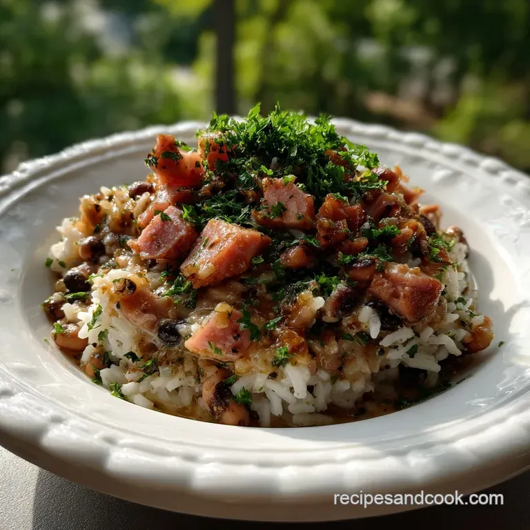 Creamy Hoppin' John served artfully on a white plate, a vibrant sprinkle of green herbs atop the steaming mixture. Hints o...