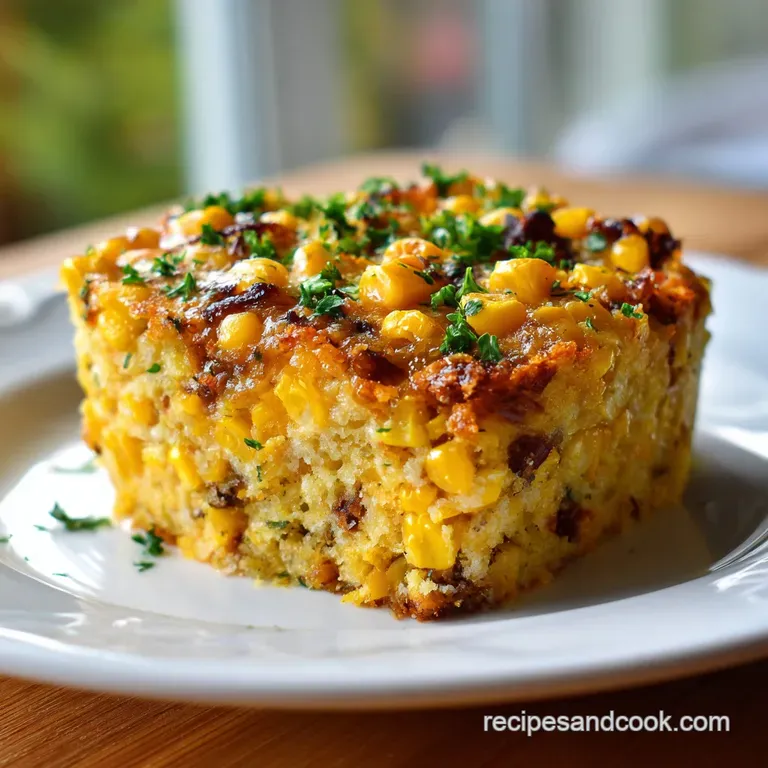 Slice of warm corn casserole on a white plate, steam rising, with a dollop of sour cream and sprinkle of paprika.