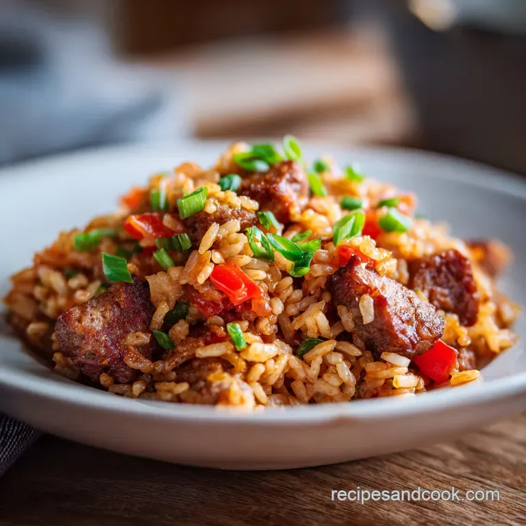 Jambalaya served in a white bowl, garnished with fresh parsley. Steaming and vibrant, showcasing chunks of chicken and sau...