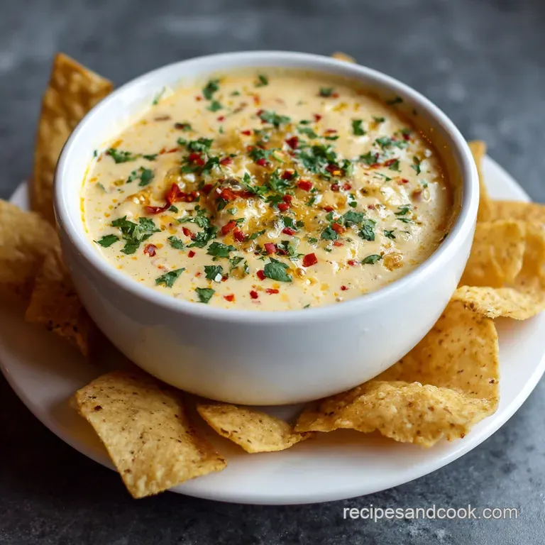 Scoops of rich, cheesy queso with ground beef on tortilla chips, garnished with cilantro. A vibrant, shareable appetizer.