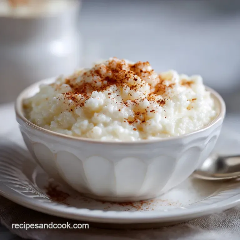 Elegant rice pudding served in a glass bowl, topped with fresh raspberries and a sprig of mint. Creamy, comforting dessert.