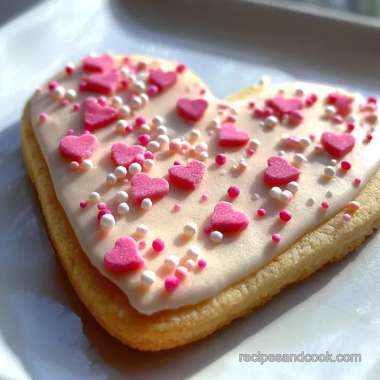 Delicate pink and white heart cookies arranged on a tiered platter, sprinkled with edible glitter and presented with love.