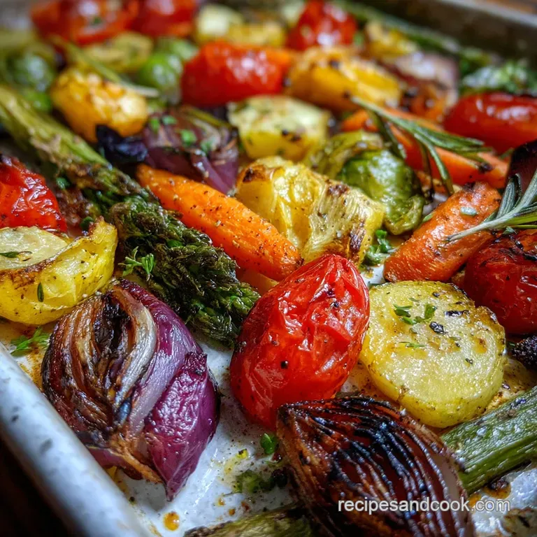 Steaming roasted vegetables arranged artfully on a white plate, a medley of earthy colors with charred edges and herbs spr...