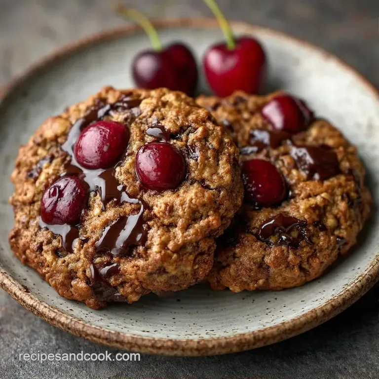 A stack of deep cocoa-colored treats topped with ruby red cherries, served on a white ceramic plate with a linen napkin.