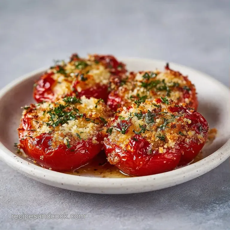 Three vibrant red tomatoes filled with toasted golden breadcrumbs on a dark slate board with a drizzle of olive oil.