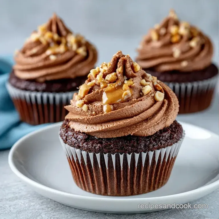 A dozen dark cocoa cakes with smooth tan frosting swirls arranged elegantly on a white ceramic party platter.