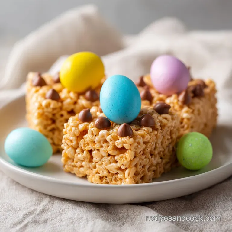 A neat stack of pastel-colored cereal treats topped with shimmering chocolate eggs on a white plate.
