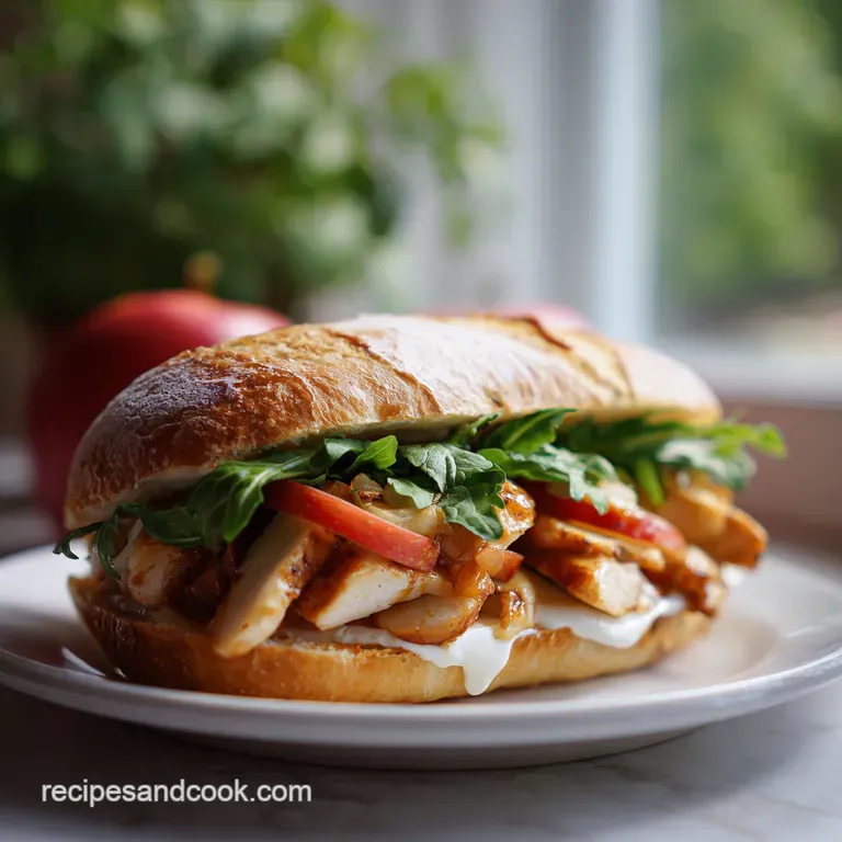 Elegant chicken apple sandwich half plated with a side of vibrant green lettuce, showcasing textures and colors of the ing...