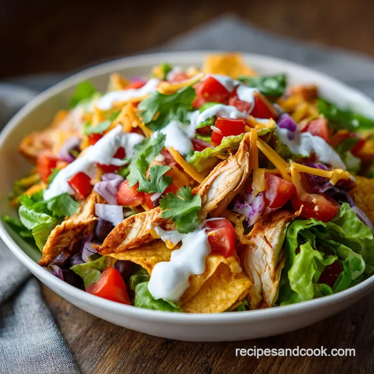 Plated chicken taco salad with bright green lettuce, juicy tomatoes, and golden corn, topped with a dollop of sour cream a...