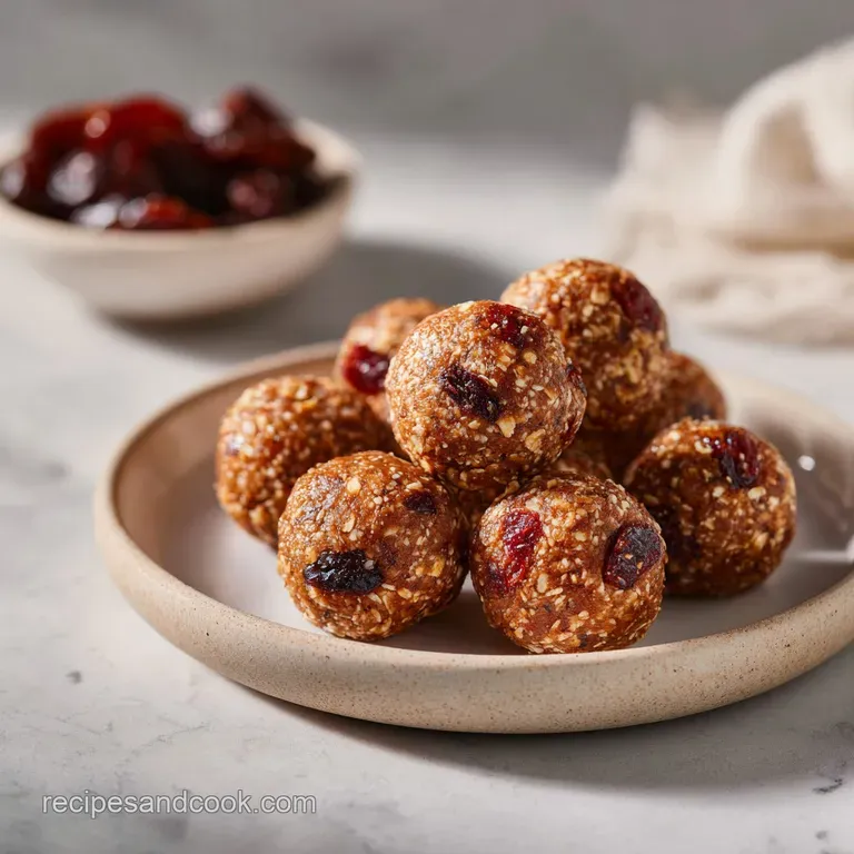 Three protein balls delicately placed on a white ceramic dish, showcasing their textured surface and tiny chocolate speckles.
