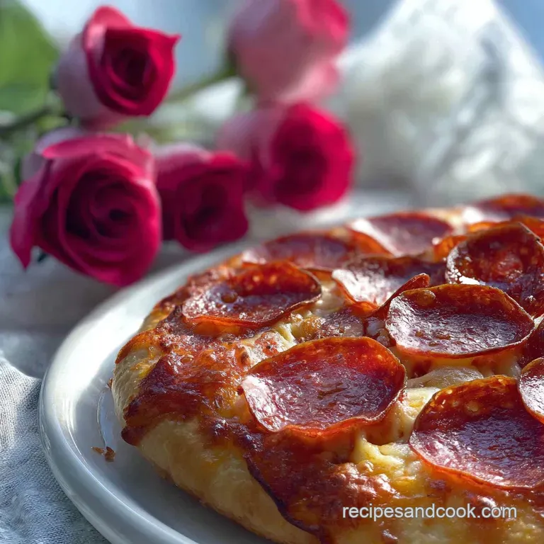 A beautifully plated pizza rose, showcasing the spiral of pepperoni roses on a crispy, golden crust, inviting and warm.