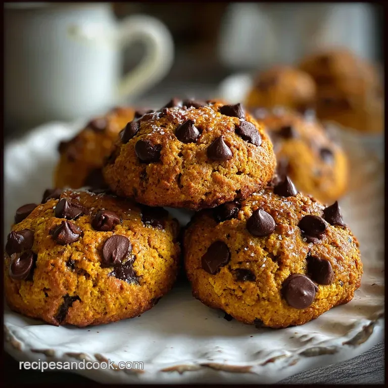 A stack of warm pumpkin chocolate chip cookies on a rustic plate, hinting at a soft, chewy center and rich, melty chocolate.
