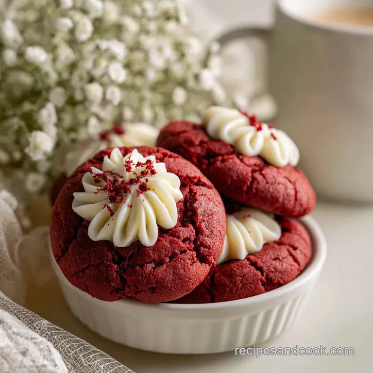 Red velvet blossom cookie on a plate; soft, pillowy cookie contrasted by smooth chocolate kiss, hint of powdered sugar, fe...