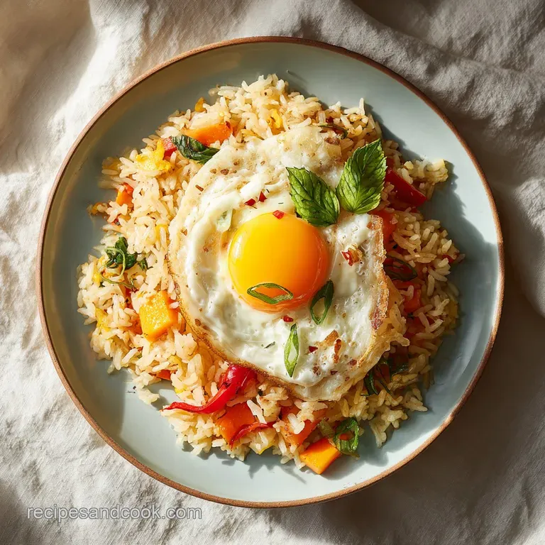Steaming egg fried rice artfully mounded on a plate, garnished with fresh herbs and chili flakes for a vibrant pop.