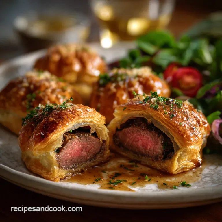 Miniature beef wellingtons artfully arranged on a white serving platter, showcasing their rich, brown crust and inviting s...