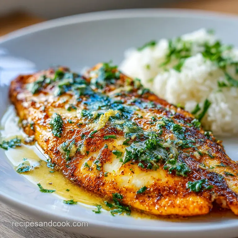 Flaky, white fish fillet glistening with garlic butter and bright green herbs, elegantly plated with vibrant vegetables an...