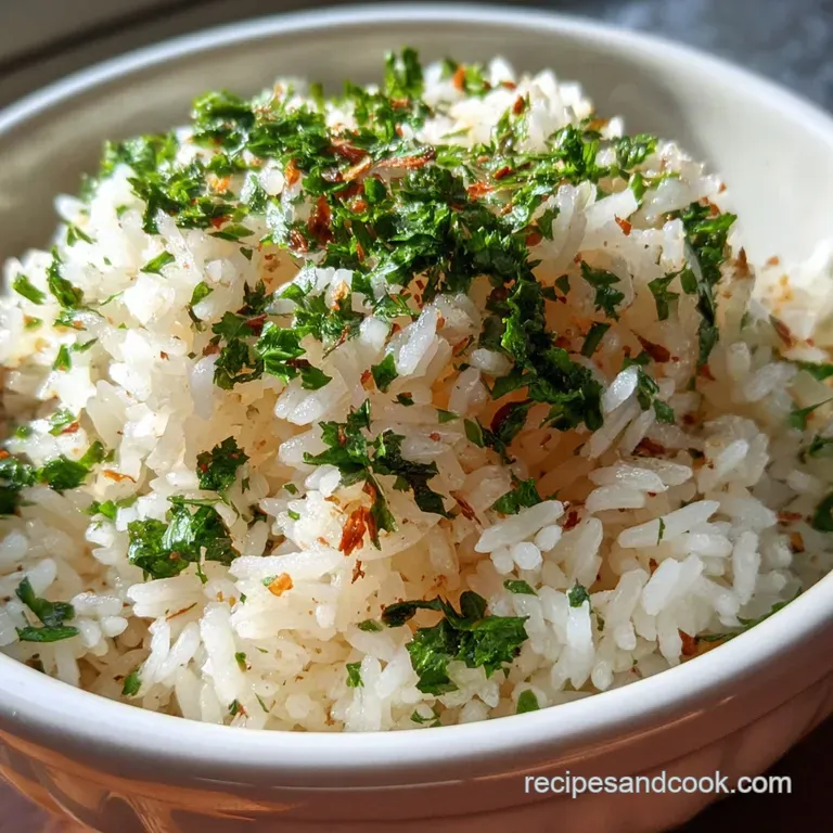 A perfectly sculpted mound of herbed rice, flecked with garlic, presented on a white plate with a sprig of fresh thyme.