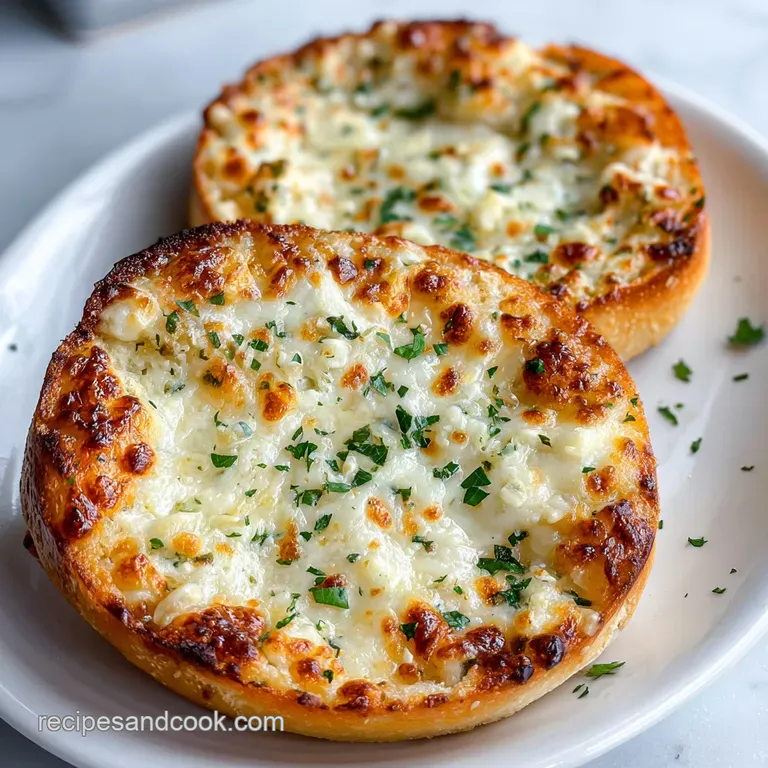 Garlic toast pizza slices arranged on a white plate, melted cheese glistening, herbs sprinkled on top, ready to eat.