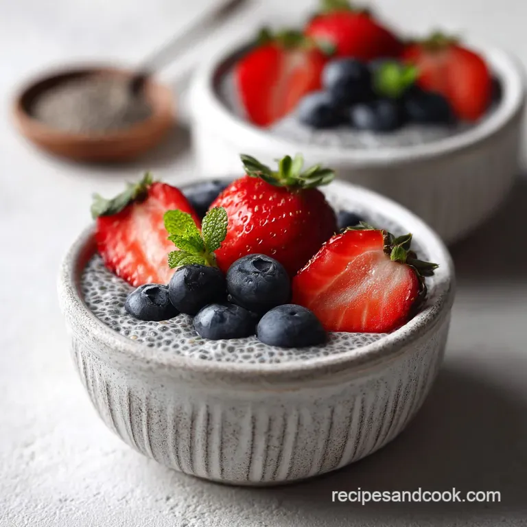 A single serving of chia pudding, artfully swirled with fruit compote and topped with toasted coconut flakes, sits on a wh...