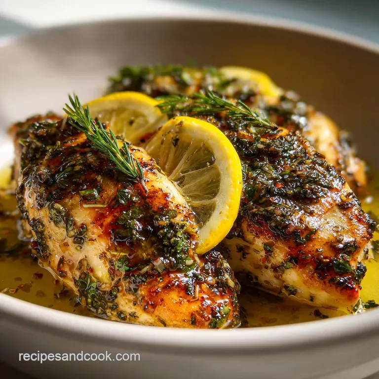 Plated grilled chicken with bright lemon wedges & rosemary sprigs. Chicken is juicy, vegetables are colorful & lightly cha...