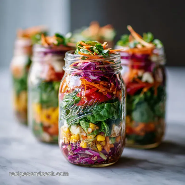 Layered mason jar salad with leafy greens, bright tomatoes, corn and creamy dressing presented on a white plate.