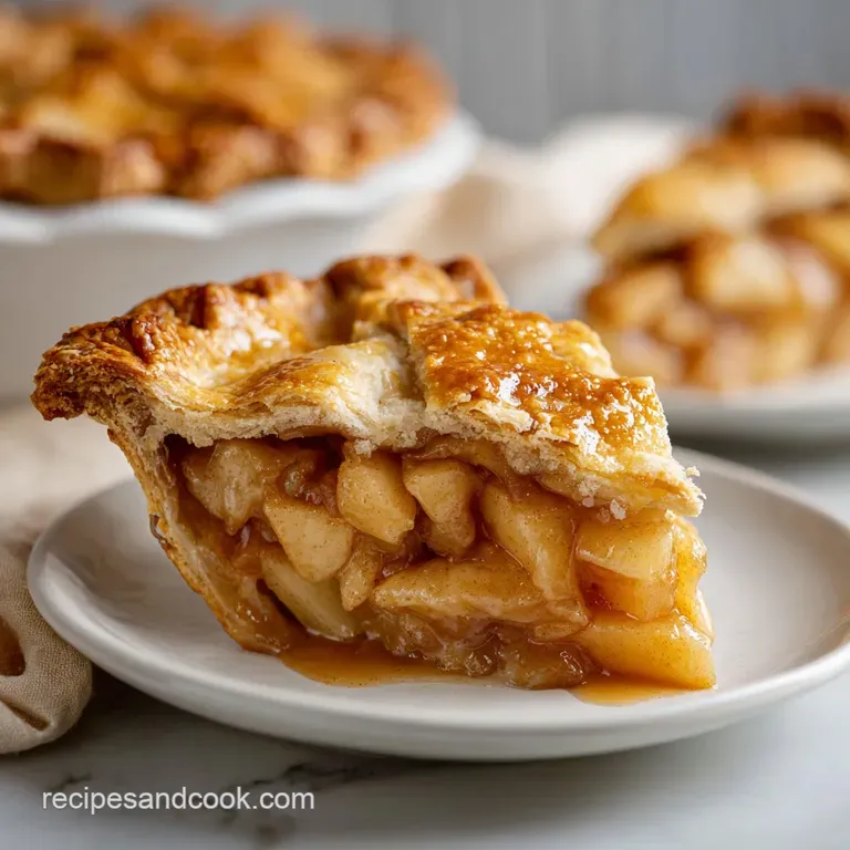 Slice of homemade apple pie with a lattice crust on a white plate, with a scoop of vanilla ice cream melting slightly.