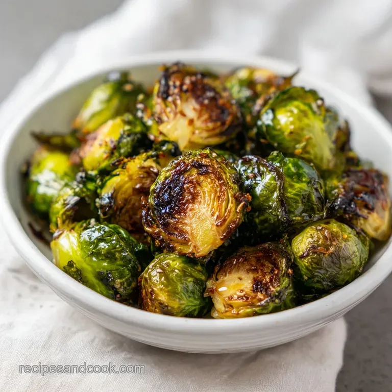 Perfectly plated Brussels sprouts drizzled with thick balsamic glaze, garnished with toasted nuts and herbs, a flavorful &...