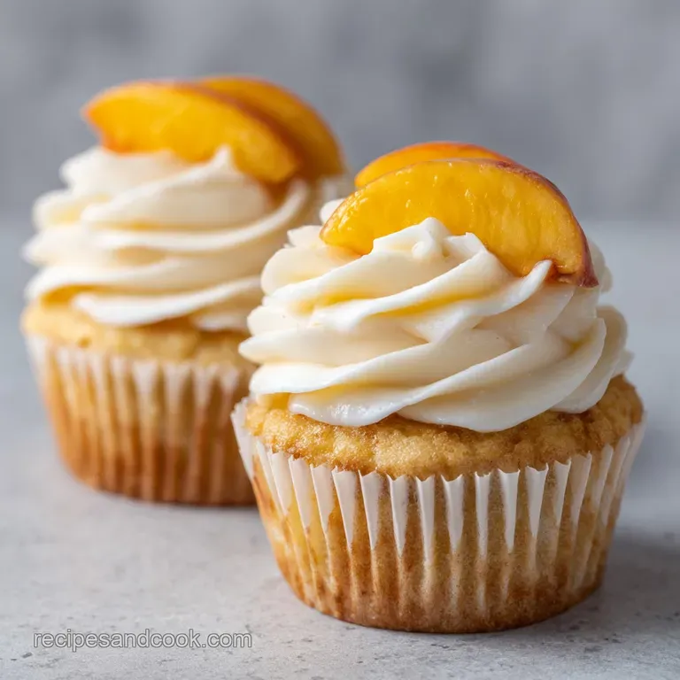 Golden cakes on a white platter with swirls of velvety pale orange frosting and glistening drops of honey.