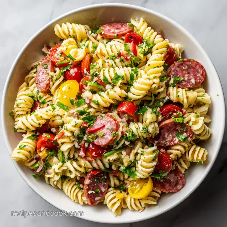 Perfectly portioned Italian pasta salad elegantly plated with a generous drizzle of dressing and fresh basil garnish.